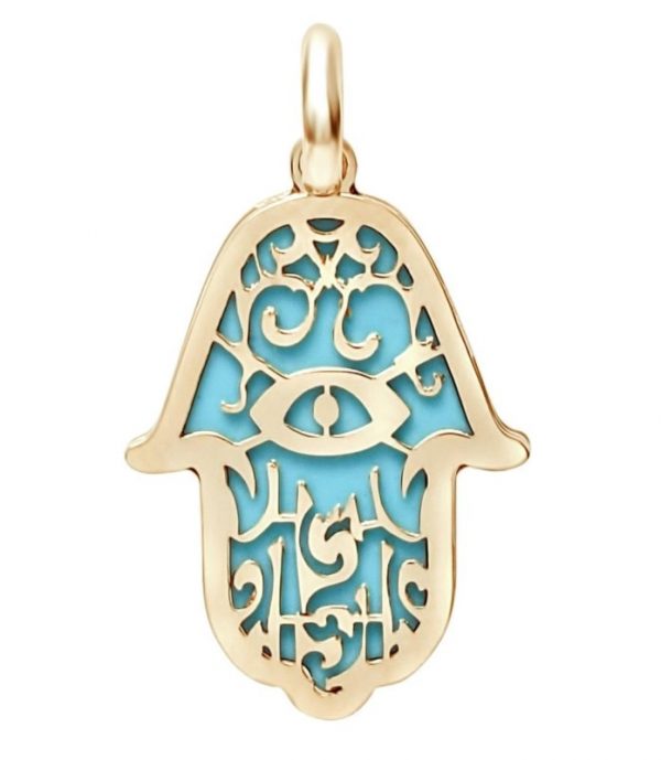 Hamsa Filigree Overlay Turquoise Enamel Pendant w/ 18" Chain 10KT/37MM