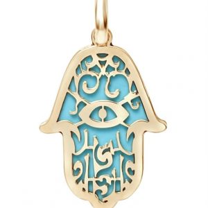 Hamsa Filigree Overlay Turquoise Enamel Pendant w/ 18" Chain 10KT/37MM