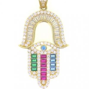 Large Multi Coloured Cubic Zirconia Hamsa & Evil Eye Pendant 10KT/32MM  *CLEARANCE-FINAL SALE*