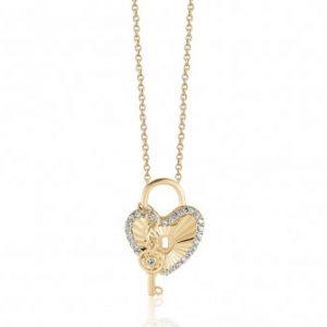 Heart Sun Burst Padlock & Key W/Cubic Zirconia 16-18" Adjustable Necklace 10KT