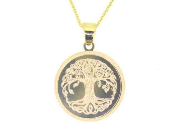 Tree of Life Engraved Disc Pendant with 18" Rolo Link Chain 10KT/16MM
