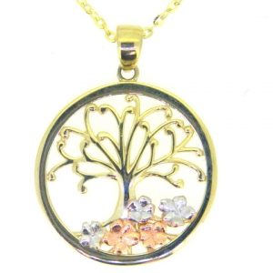 Tree of Life & Floral Design Pendant with 18" D.Cut Rolo Link Chain 10KT TC/20MM