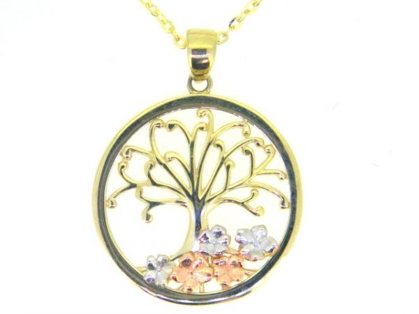 Tree of Life & Floral Design Pendant with 18" D.Cut Rolo Link Chain 10KT TC/20MM