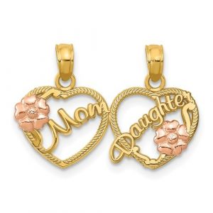 MOM-DAUGHTER   Double Heart & Rose Break Apart Pendant 10KT/20MM