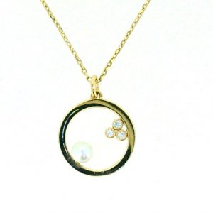 3MM Cultured Pearl &  Cubic Zirconia Circle of Life Pendant with 16-18" Adjustable Chain 10KT/12MM