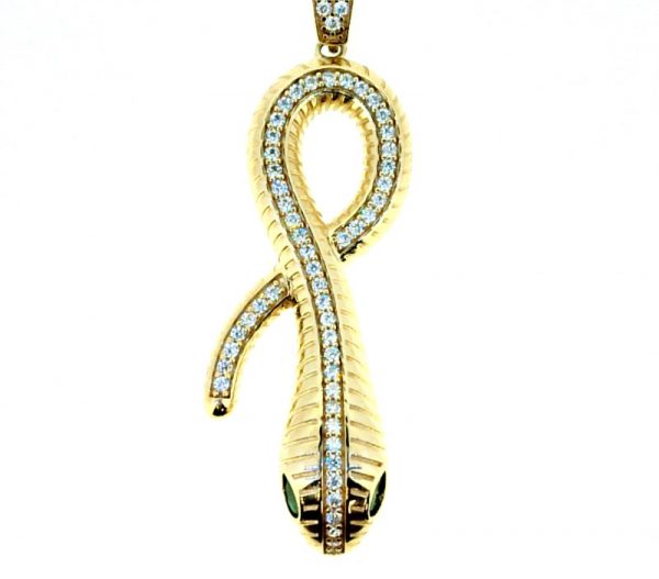 Snake with Cubic Zirconia Pave & Sim. Green Eyes Pendant 10KT/45MM