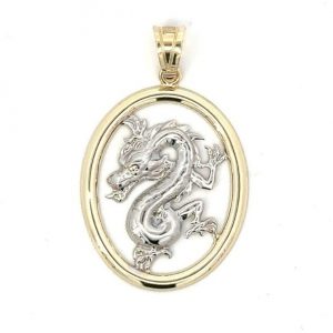 Oval Framed Dragon Pendant 10KT TT/27MM