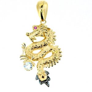 Dragon with Sim. Stones Pendant 10KT TT/28MM