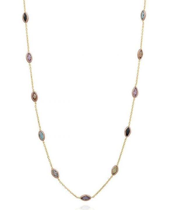 Multi Coloured Stone Marquise Shaped Dainty 16-18" Adjustable Necklace 10KT