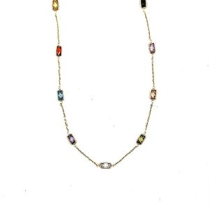 Multi Coloured Stone Baguette Shaped Dainty 16-18" Adjustable Necklace 10KT
