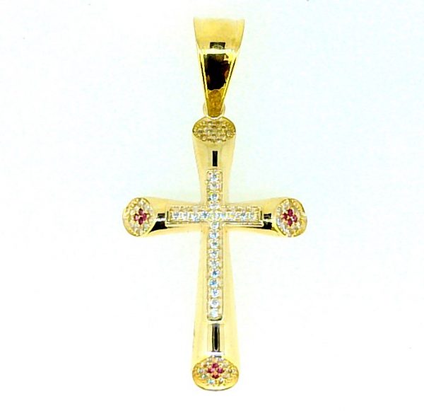 5MM Tapered Tube Cross with Cubic Zirconia & Sim. Rubies Pendant 10KT/38MM