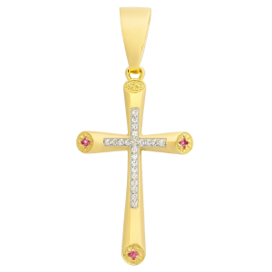 5MM Tapered Tube Cross with Cubic Zirconia & Sim. Rubies Pendant 10KT/38MM