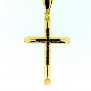 3MM Tube Cross with Black Cubic Zirconia Pendant 10KT/35MM