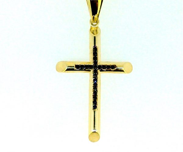 3MM Tube Cross with Black Cubic Zirconia Pendant 10KT/35MM