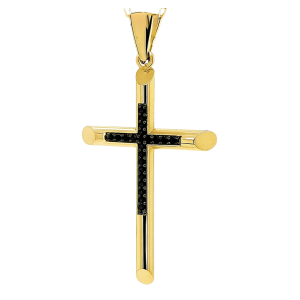 3MM Tube Cross with Black Cubic Zirconia Pendant 10KT/35MM