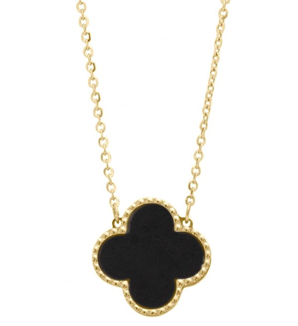 Black Onyx Clover 16-18" Adjustable Cable Link Necklace 10KT/14MM