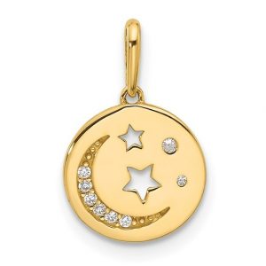 Moon & Stars Cubic Zirconia Pave Round Disc Pendant 14KT/11MM