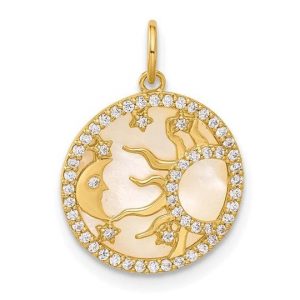 Sun, Moon & Stars Cubic Zirconia & Mother of Pearl Round Pendant 10KT/14MM