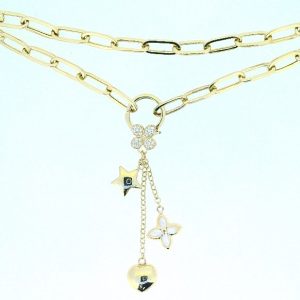 18" Paper Clip Link with Dangle Charms, Mother of Pearl Inlay & Cubic Zirconia Pave Spring Hinge Clasp Necklace 10KT/6MM