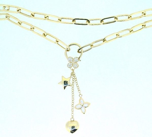 18" Paper Clip Link with Dangle Charms, Mother of Pearl Inlay & Cubic Zirconia Pave Spring Hinge Clasp Necklace 10KT/6MM