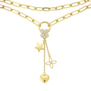 18" Paper Clip Link with Dangle Charms, Mother of Pearl Inlay & Cubic Zirconia with Spring Hinge Charm Clasp Necklace 10KT/6MM