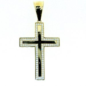6MM Wide Cubic Zirconia Pave Edge Cross Pendant 10KT/35MM