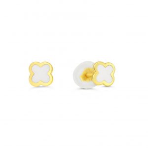 Baby Size White Enamel Clover Screw Back Stud Earrings 10KT/5MM