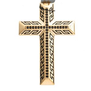 7MM Beveled Greek Key Black Enamel Patterned Cross with Black Cubic Zirconia/42MM
