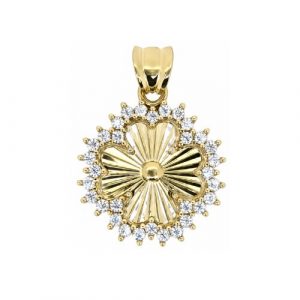 Sun Burst Clover &  Cubic Zirconia Pendant 10KT/15MM