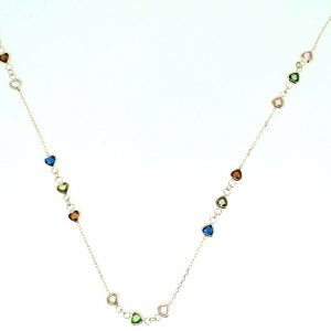 17" Multi Heart Bezel Sim.Birthstone Station Necklace 10KT