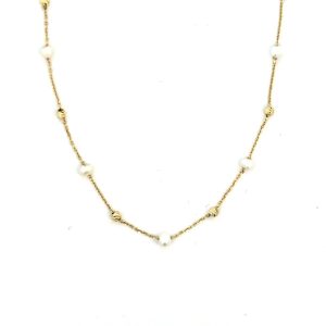 3MM Cultured Pearl & D.Cut Bead Dainty Adjustable 16-18" Necklace 10KT