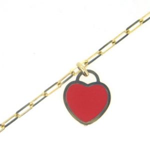 Red Enamel Inlay Heart Dangle w/ 7.5" Paper Clip Solid Link Bracelet Italian 10KT/3MM