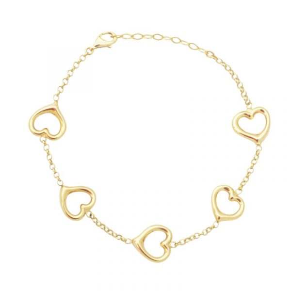 Open Puffed Heart x5 Station Link  7" Bracelet 10KT/12MM
