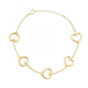 Open Puffed Heart x5 Station Link  7" Bracelet 10KT/12MM