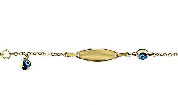 ID Plate 6x20mm Cable Link w/ Evil Eye Charms Adjustable 5.75-6" Baby Bracelet Italian 10KT/1.4MM   *Engravable