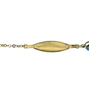 ID Plate 6x20mm Cable Link w/ Evil Eye Charms Adjustable 5.75-6" Baby Bracelet Italian 10KT/1.4MM   *Engravable