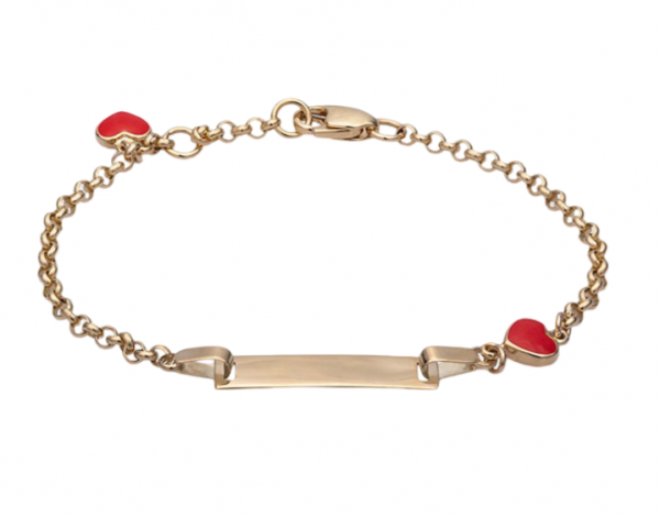 ID Plate 5x20mm Rolo Link w/ Heart Charms Adjustable 5.75-6" Baby Bracelet Italian 10KT/1.75MM   *Engravable