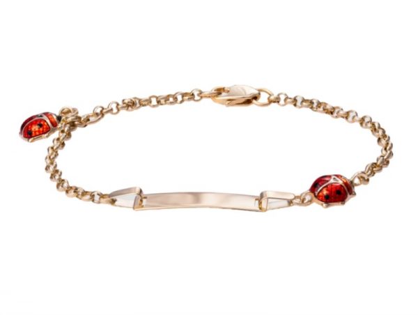 ID Plate 5x20mm Rolo Link w/ Ladybug Charms Adjustable 5.75-6" Baby Bracelet Italian 10KT/1.75MM   *Engravable