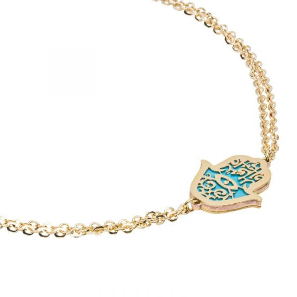 Hamsa Filigree Overlay Turquoise Enamel Double Strand 6.5-7.25" Adjustable Bracelet 10KT