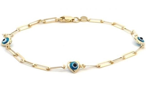 Evil Eye Heart Framed 3 Station Paper Clip Link 7.25" Bracelet 10KT/2.5MM
