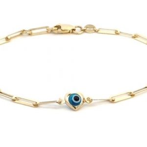 Evil Eye Heart Framed 3 Station Paper Clip Link 7.25" Bracelet 10KT/2.5MM