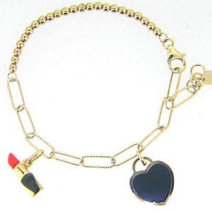 7.5" Black Enamel Heart & Lipstick Dangle Charm Mixed Link Bracelet 10KT  *CLEARANCE-FINAL SALE*