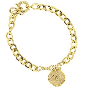 Evil Eye Dangle Charm Rolo Link 7.5" Bracelet 10KT/6.5MM