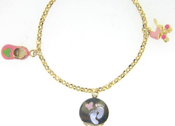 7.5" Baby Girl Pink Enamel 3 Charm Rolo Link Bracelet 10KT