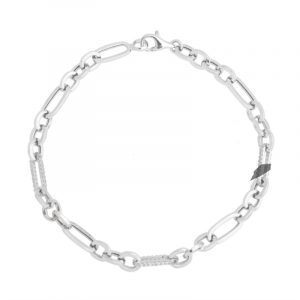 Round & Oval with Cubic Zirconia Pave Mixed Link 7.5" Bracelet 10KT WG/5MM