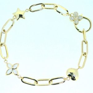 Paper Clip Link with Charms, Mother of Pearl Inlay & Cubic Zirconia Pave Spring Hinge Clasp 7.75" Bracelet 10KT/6MM