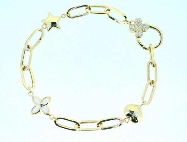 Paper Clip Link with Charms, Mother of Pearl Inlay & Cubic Zirconia Pave Spring Hinge Clasp 7.75" Bracelet 10KT/6MM