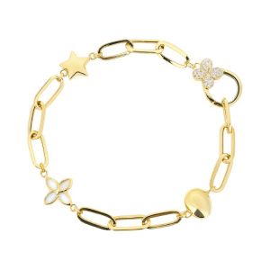 Paper Clip Link with Charms, Mother of Pearl Inlay & Cubic Zirconia with Spring Hinge Charm Clasp 7.75" Bracelet 10KT/6MM