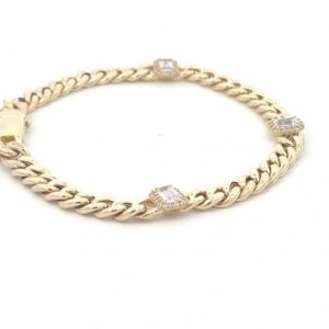 Miami Cuban Link with 3x Cubic Zirconia Emerald Cut Halo Station 7.5" Bracelet 10KT/5MM