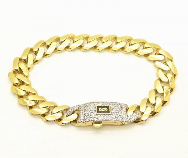 Classic Monaco Link w/ Cubic Zirconia Pave Safety Clasp 8.5" Bracelet 10KT /9MM